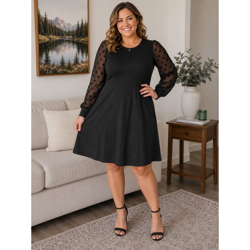 Nina Leonard‎ Sheer Polka Dot Knit Dress L Black Empire Waist Wednesday Addams